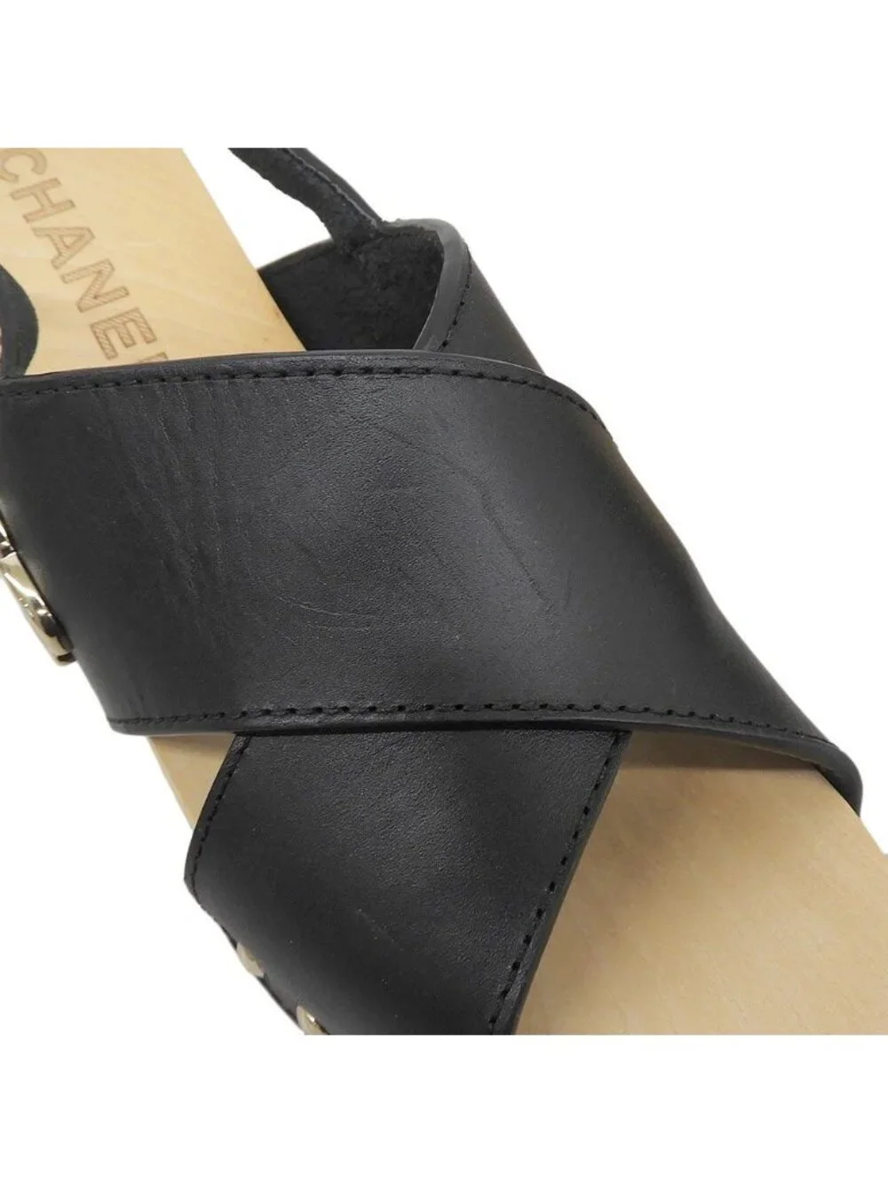Chanel CC Logo Wood Wedge Sole Sandals 34 Black Almost Kids